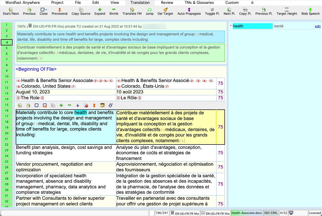 Wordfast Anywhere Software - Wordfast Anywhere translation editor