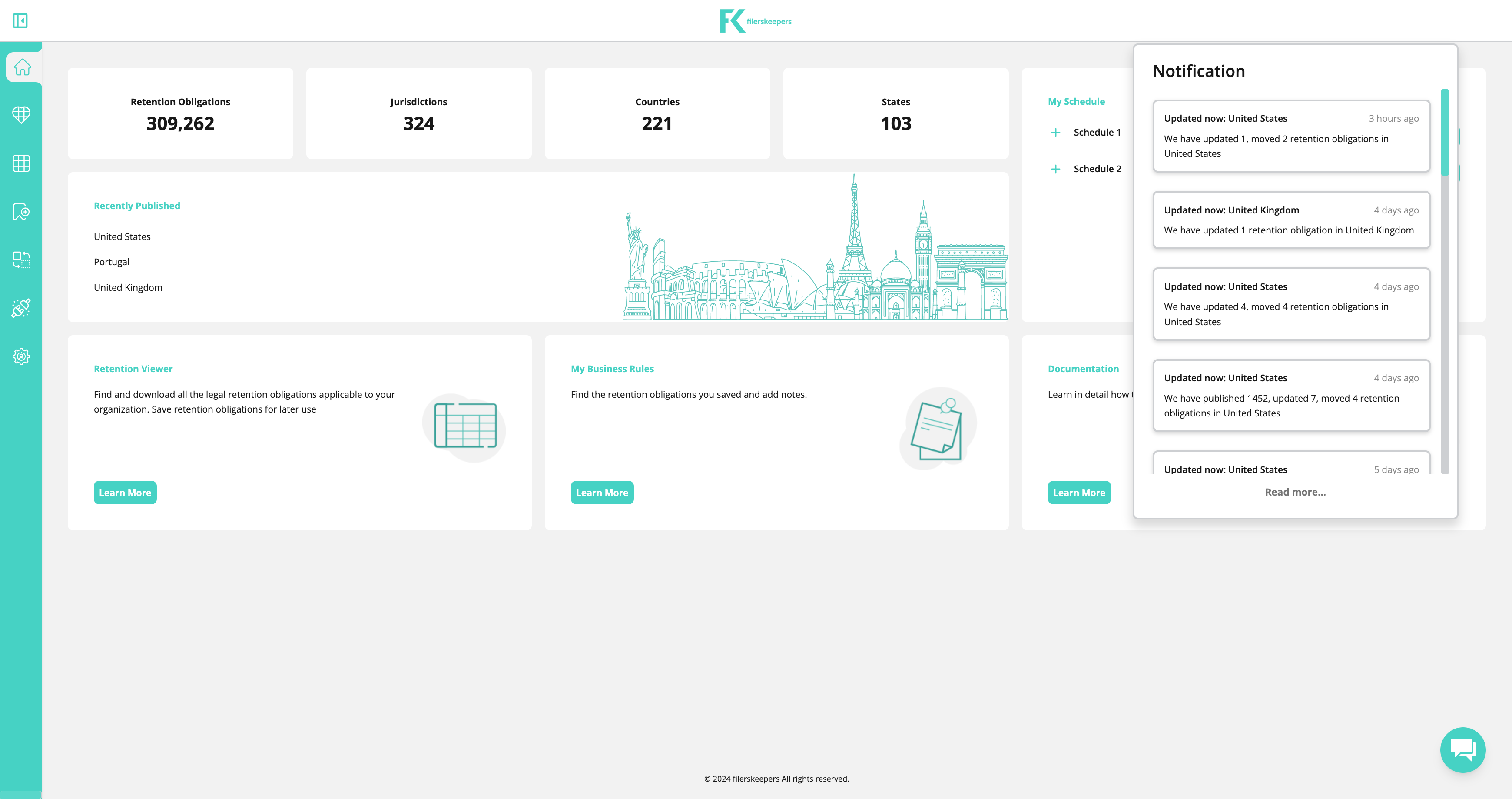 filerskeepers screenshot: filerskeepers dashboard homepage includes:
-  Profile, Notifications, Help, Dark Mode
- MySchedule, Retention Obligations, Business Rules, Change Log, Implementation, Admin
- Total obligations, jurisdictions, personalized schedules
