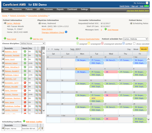 Careficient screenshot: Identify available staff members with the required skills to meet the patient plan of care
