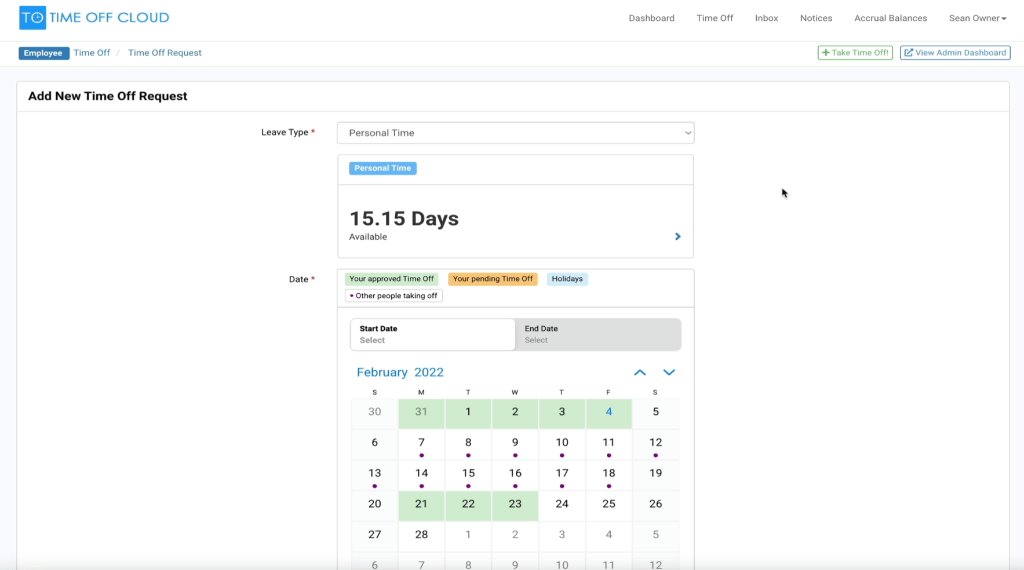 Time Off Cloud Software - Time Off Cloud Web Time Off Request