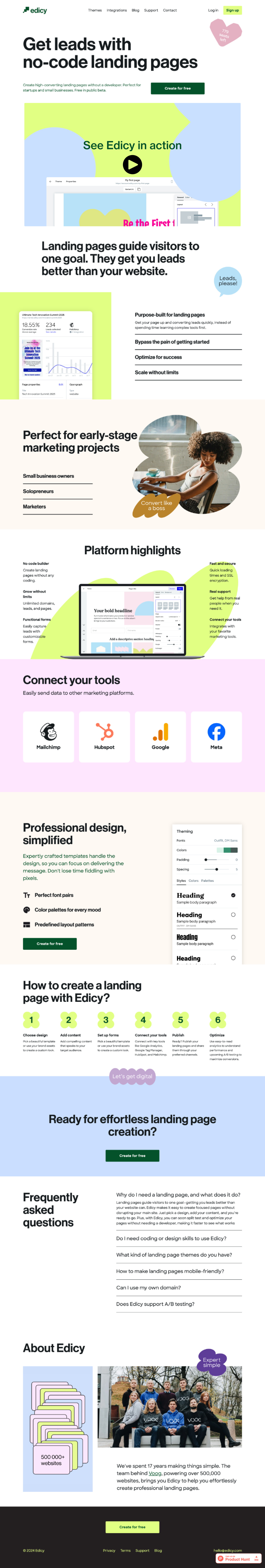 Edicy screenshot: Edicy's no-code platform empowers small businesses and marketers to create high-converting landing pages without coding. With customizable templates, tool integrations, and real-time analytics, Edicy simplifies design and optimization. Perfect for lead ge