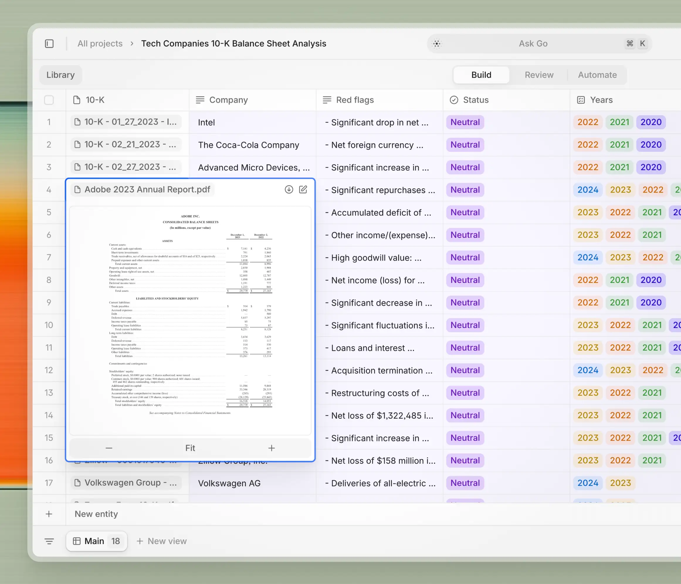 V7 Go screenshot: V7 Go is like a spreadsheet, with each cell powered by AI. You can use this table mode to process multiple files in parallel or switch to the chat UI and use AI assistants to focus on individual cases.