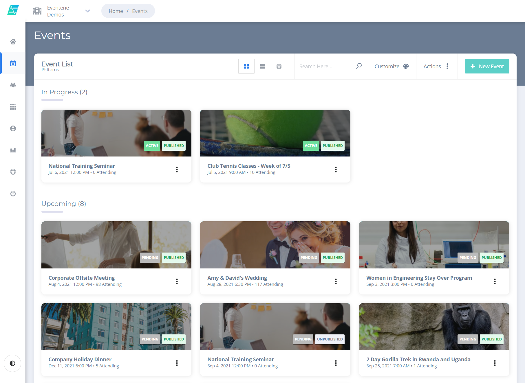 Eventene screenshot: Manage all your Events in one place throughout the year, whether in-person, virtual, or hybrid.