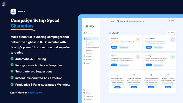 Scalify screenshot: Launch new Facebook & Instagram ads easily with Scalify. Create personalized ads faster, target highly-converting audiences, and A/B test variations automatically to scale the next best ad.