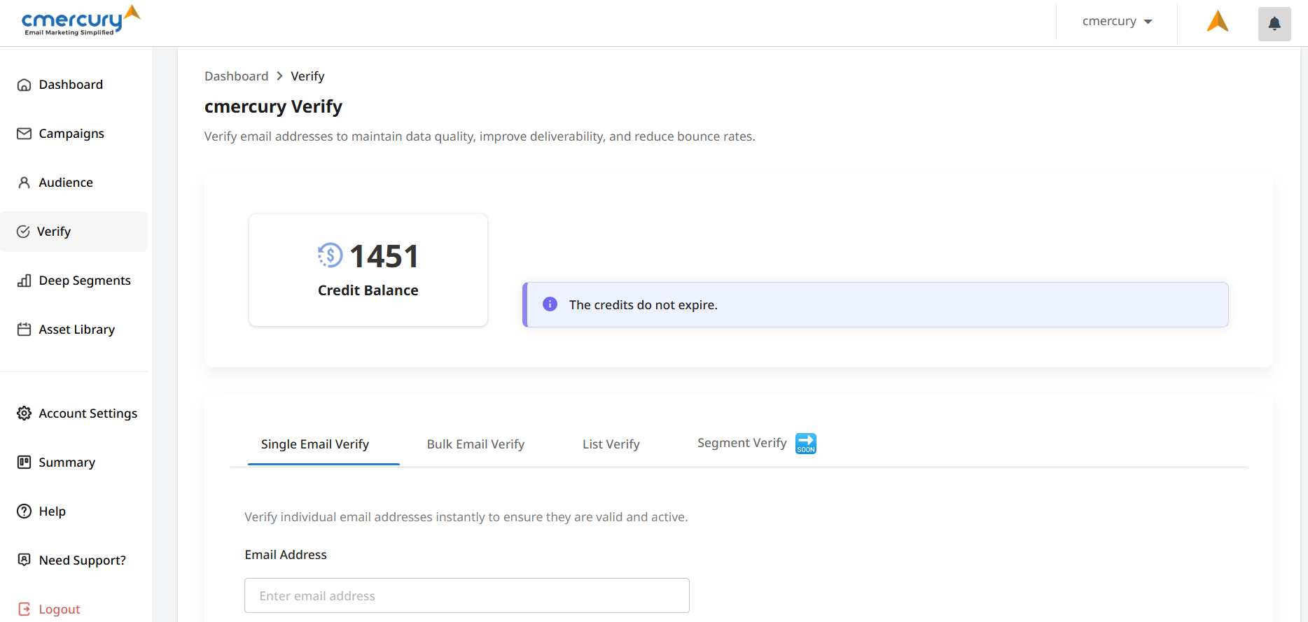 cmercury Software - The Verify area in cmercury helps you clean your email lists by identifying invalid, inactive, or risky addresses. Ensure better deliverability, reduce bounces, and maintain sender reputation with fast, accurate email verification tools.
