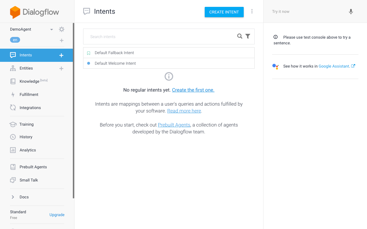 Dialogflow Software - Dialogflow intents view