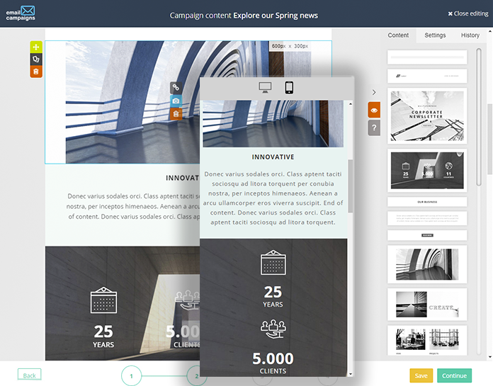 Email Campaigns screenshot: Pick from a variety of free templease and adjust the content using drag&drop editor, set up XML product feed and dynamic content.
