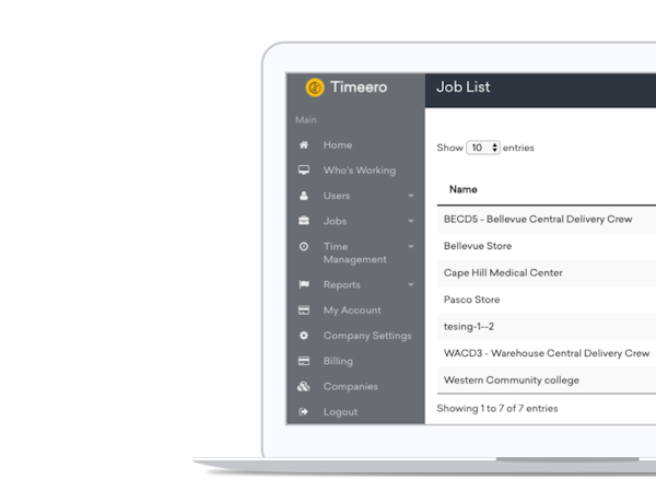 Timeero screenshot: With the desktop application managers can keep track of jobs and employees