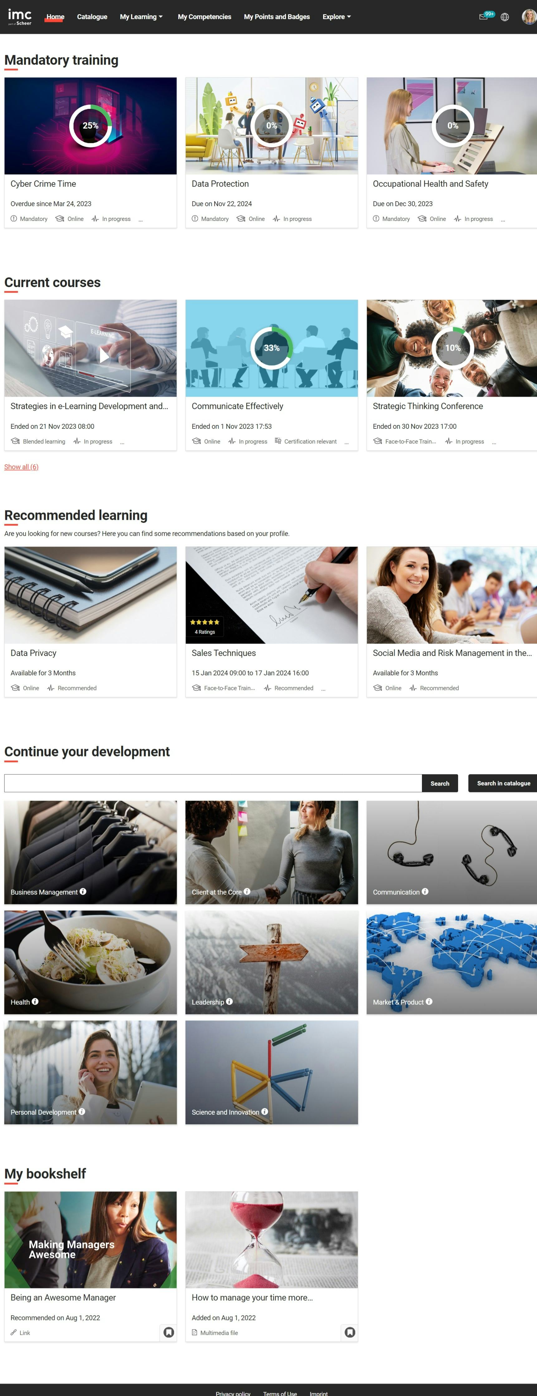 imc Learning Suite Software - The personal dashboard shows a current snapshot of learning activities and progress, including recommended courses