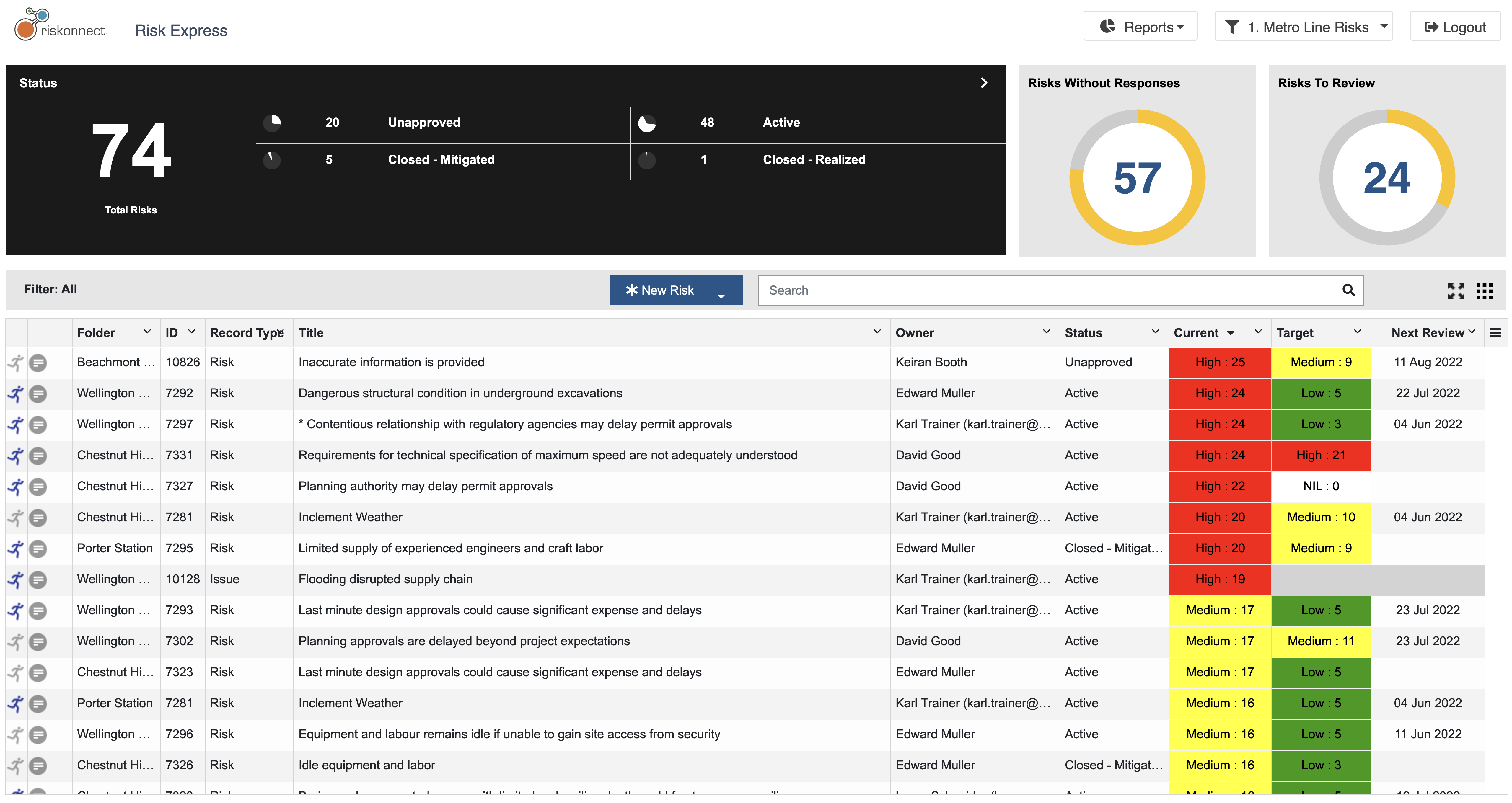 Riskonnect Active Risk Manager Software - Project Risk Management's Risk Express interface