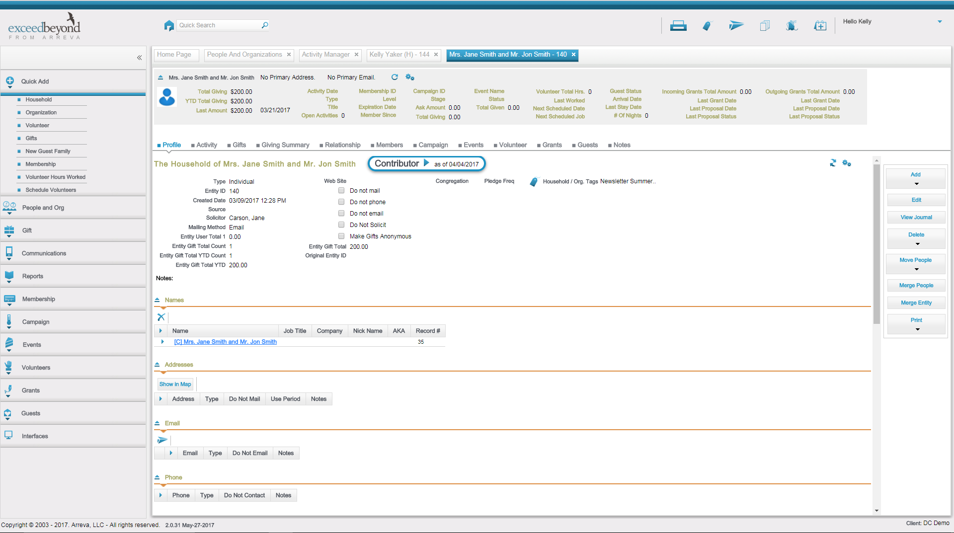 Individual and household contact records can be maintained in Exceed Beyond