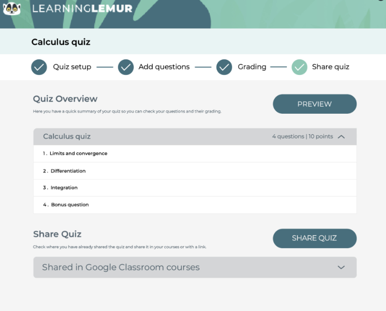 Learning Lemur Software - Learning Lemur access quiz overview and share on google classroom - thumbnail