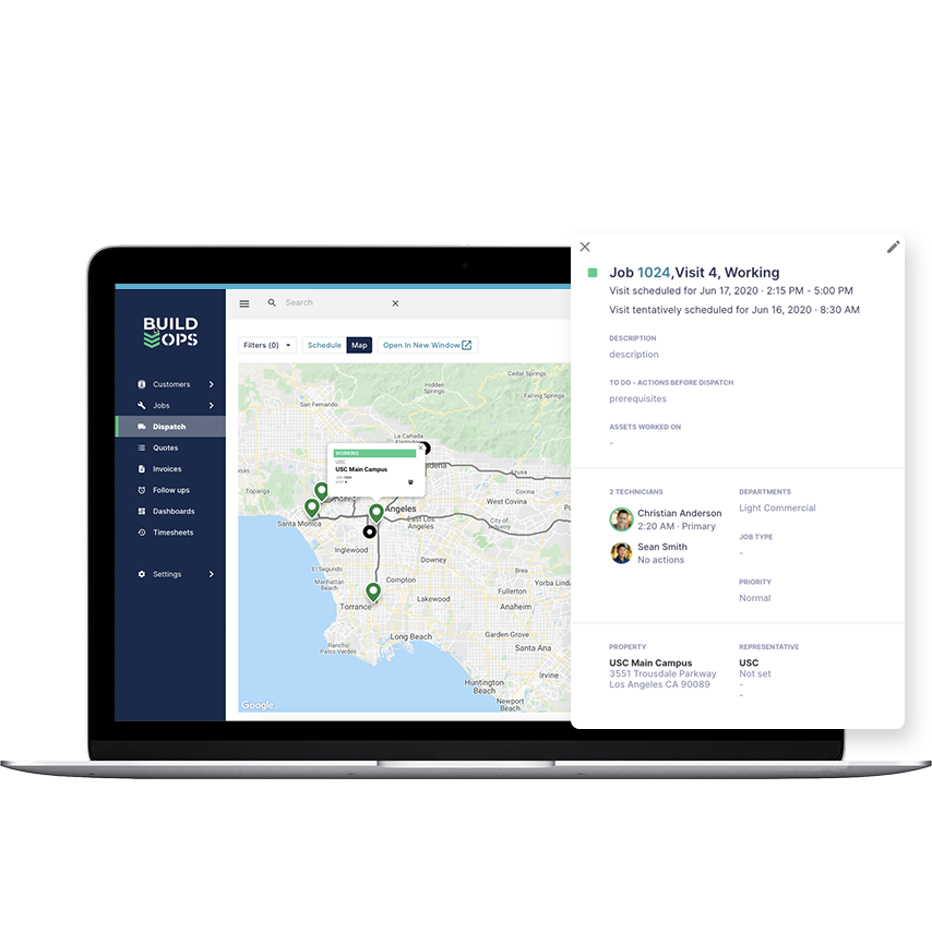 BuildOps Dispatching Made Easy: Keep your dispatchers happy by allowing them to create, edit + view jobs without ever having to leave the dispatch map. Know where your techs are, their unique skill sets + when they’re available for the next job.