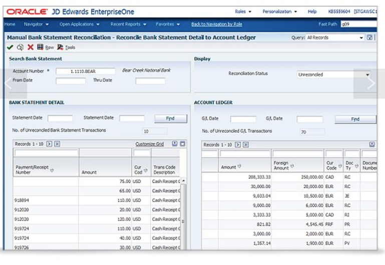 JD Edwards EnterpriseOne Software - View bank statement details of the bank statement and reconcile them to account ledger entries, keep track of un-reconciled amounts and number of records to be reconciled