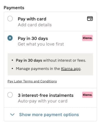 Klarna screenshot: Klarna payment methods