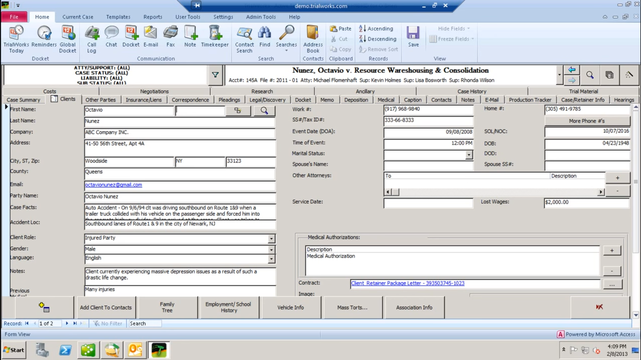 TrialWorks Software - Matter intake is simplified thanks to the client entry screen