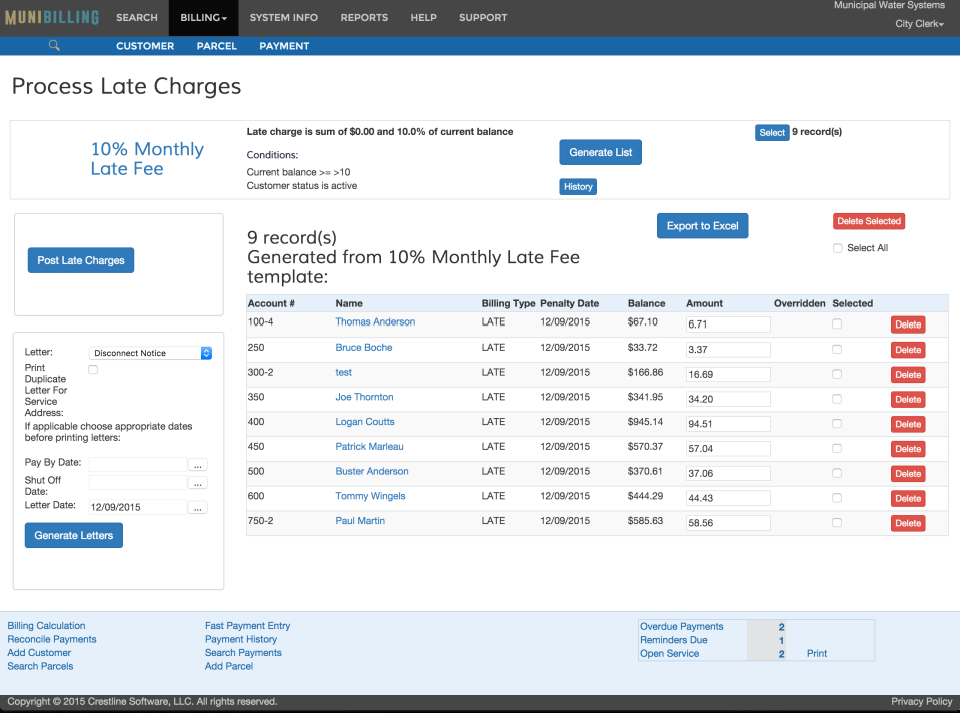 The Process Late Charges page within the Billing section shows customer records flagged up as being late and incurring charges of a certain percentage