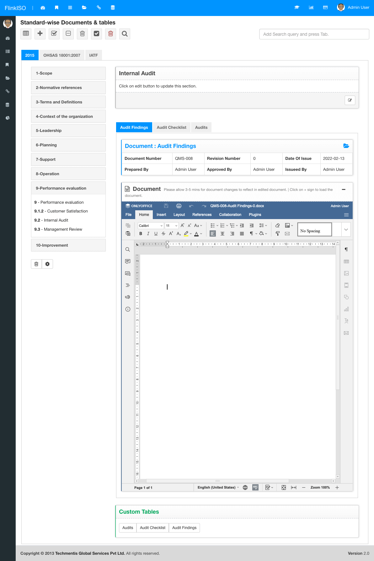 FlinkISO screenshot: Add as many standards your organisation complies with