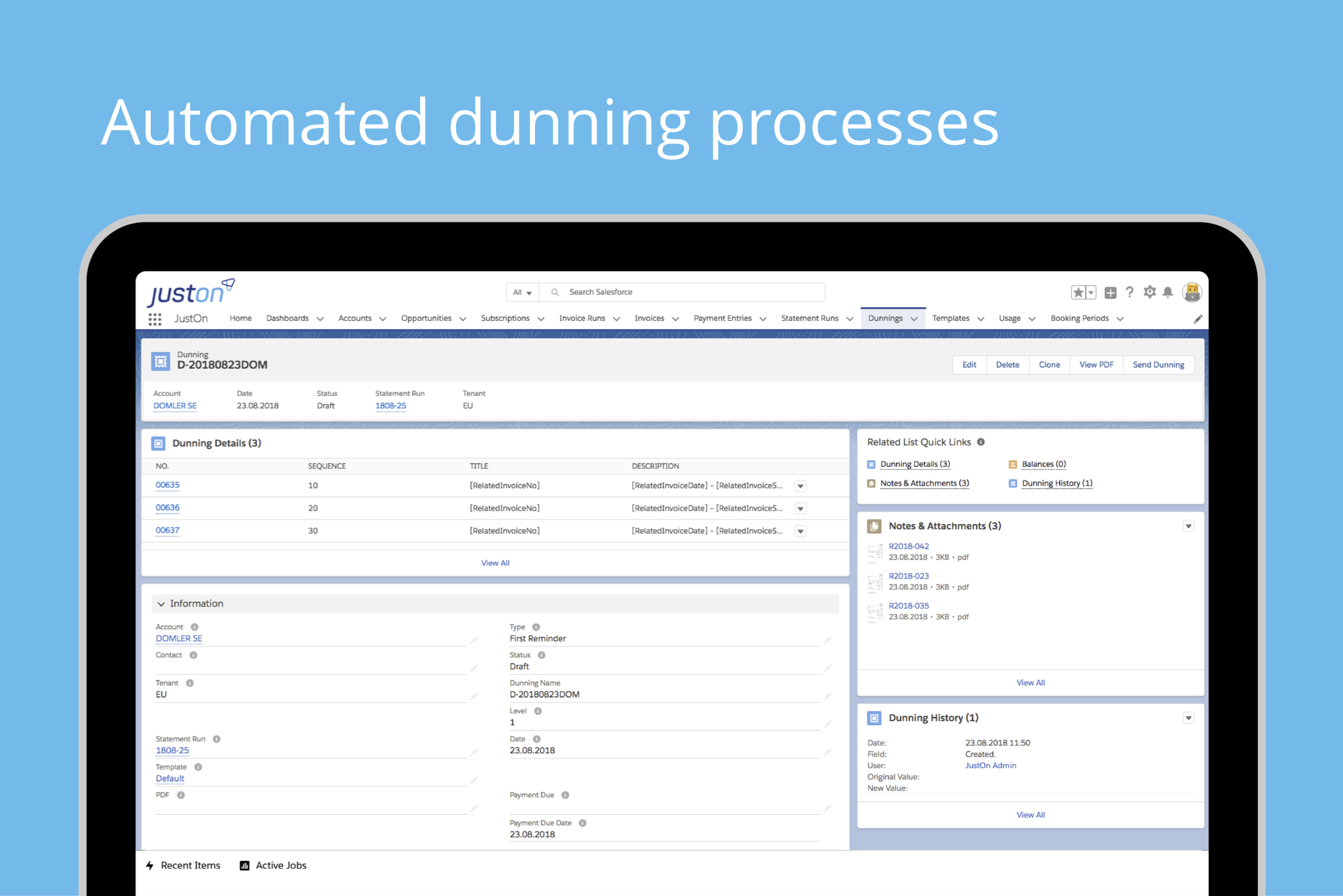 JustOn automated dunning runs and configurable dunning fees