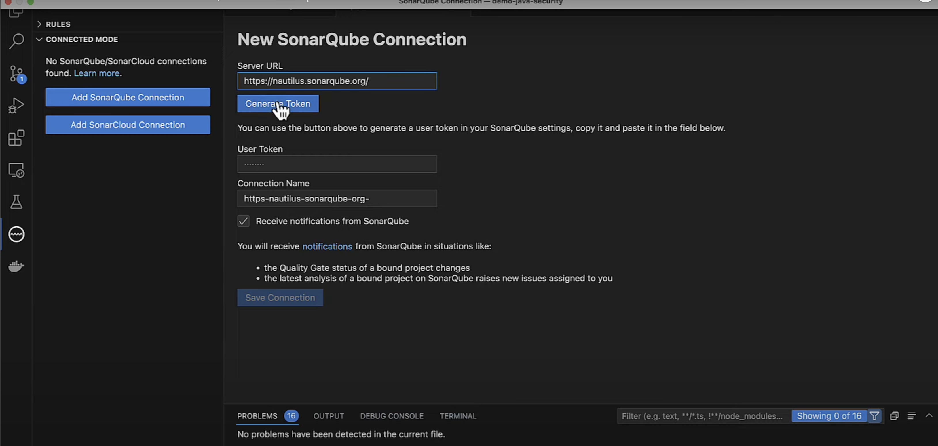 When connected to either SonarCloud or SonarQube the developer can leverage SonarLint to identify deeper issues.