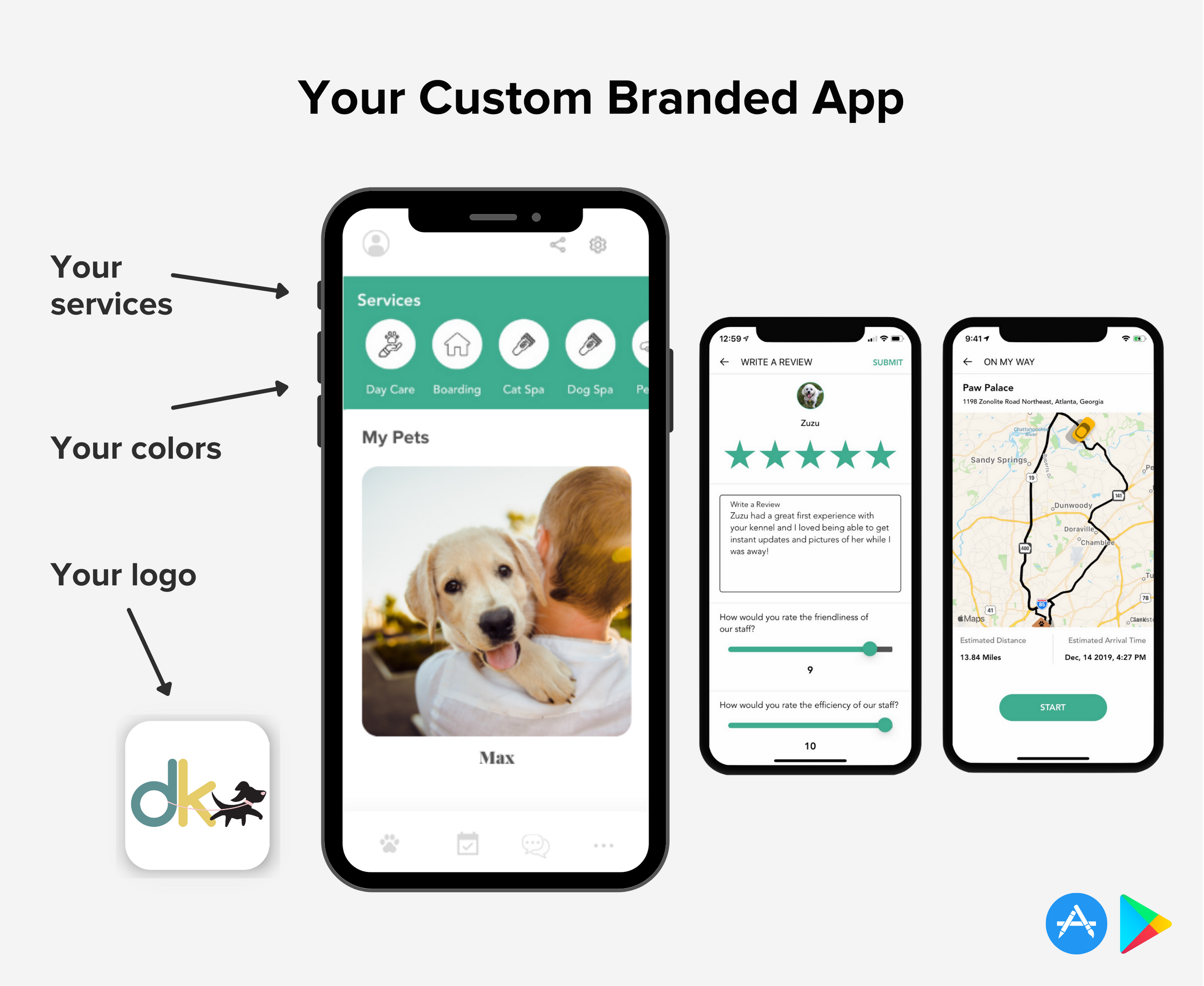 Give your customers your own custom branded mobile app so they can request appointments, send immunizations and feeding info, message back and forth, and much more.