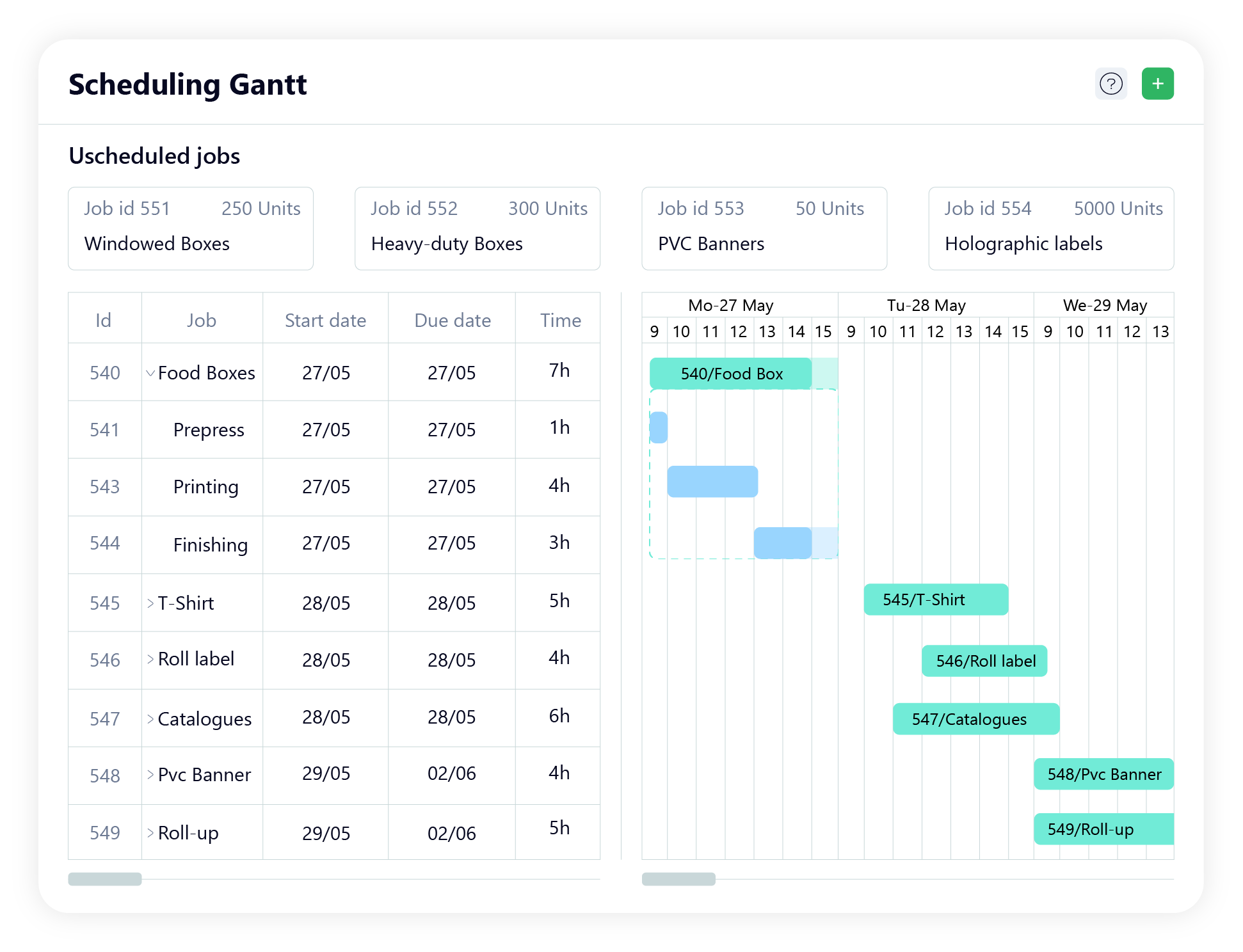 Wsc Printer Software - Scheduling & Production Planning.Visualize production schedules with Gantt charts to coordinate and optimize your production process for efficient and smooth operations.