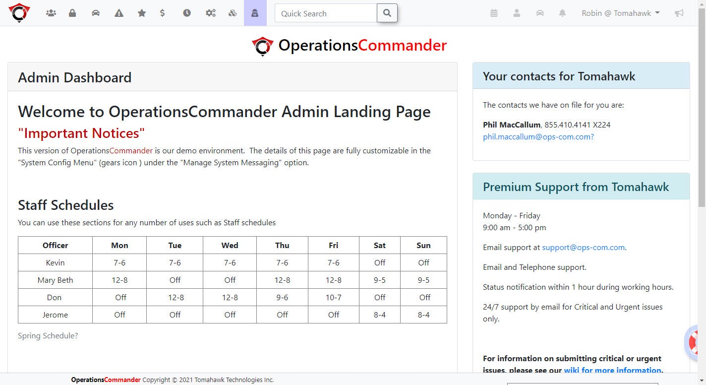 OperationsCommander Software - Admin portal - landing page