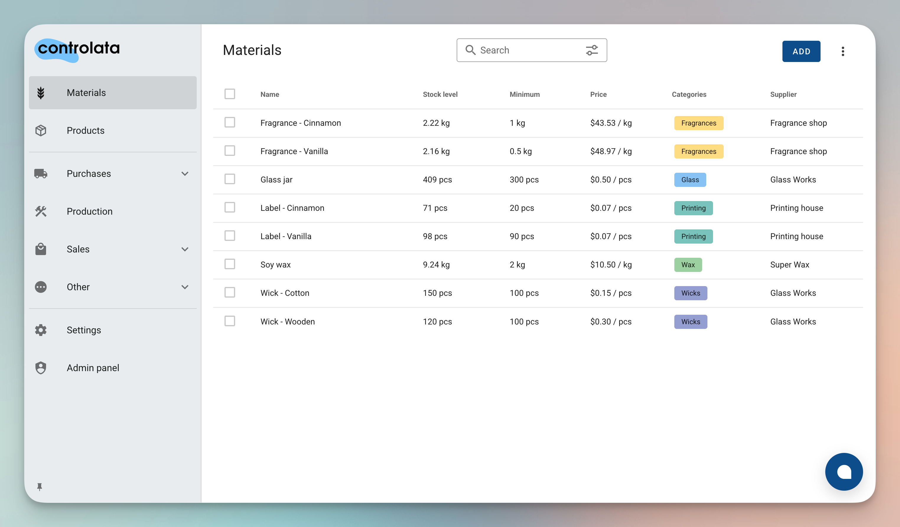Controlata screenshot: Controlata materials list