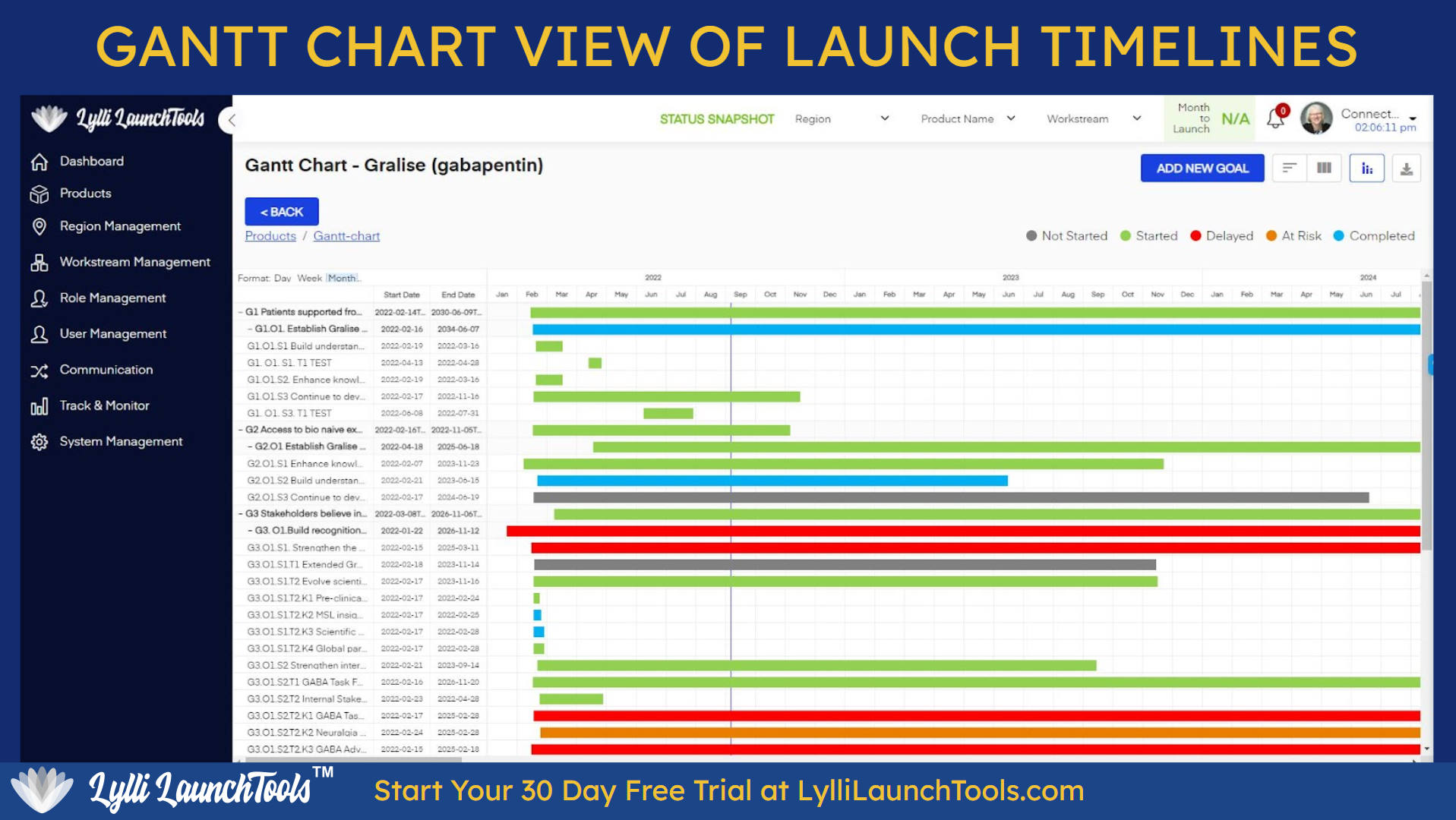 Lylli LaunchTools Interactive Gantt Chart keeps your Product Launch on Track. Your team can now see the Product Launch Timeline in Day view, Week view or Month view. Launch Better, Faster & Smoother. Start for free today at LylliLaunchTools.com/signup