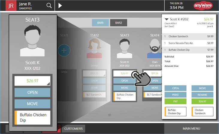 anyWarePOS  screenshot: Manage the bar using a visual representation of customers
