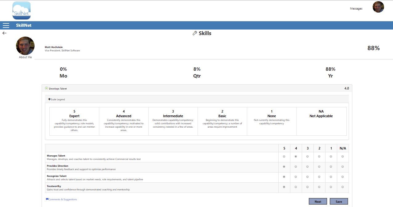 SkillNet Software - Highly configurable assessment model allow you to define scale, topics and descriptions. Options for ratings, documents,  yes/no, and certifications