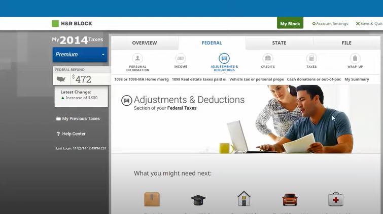 H&R Block screenshot: H&R Block adjustment manager