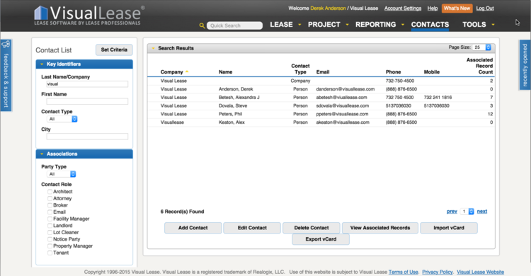 Visual Lease Software - Visual Lease includes a searchable contact database
