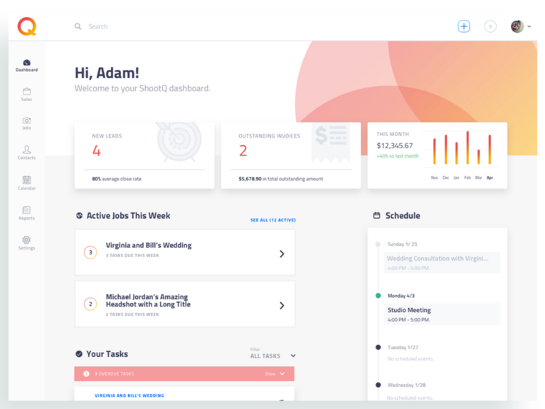 ShootQ screenshot: View tasks and the weekly schedule, as well as key sales and performance metrics from an all-in-one dashboard
