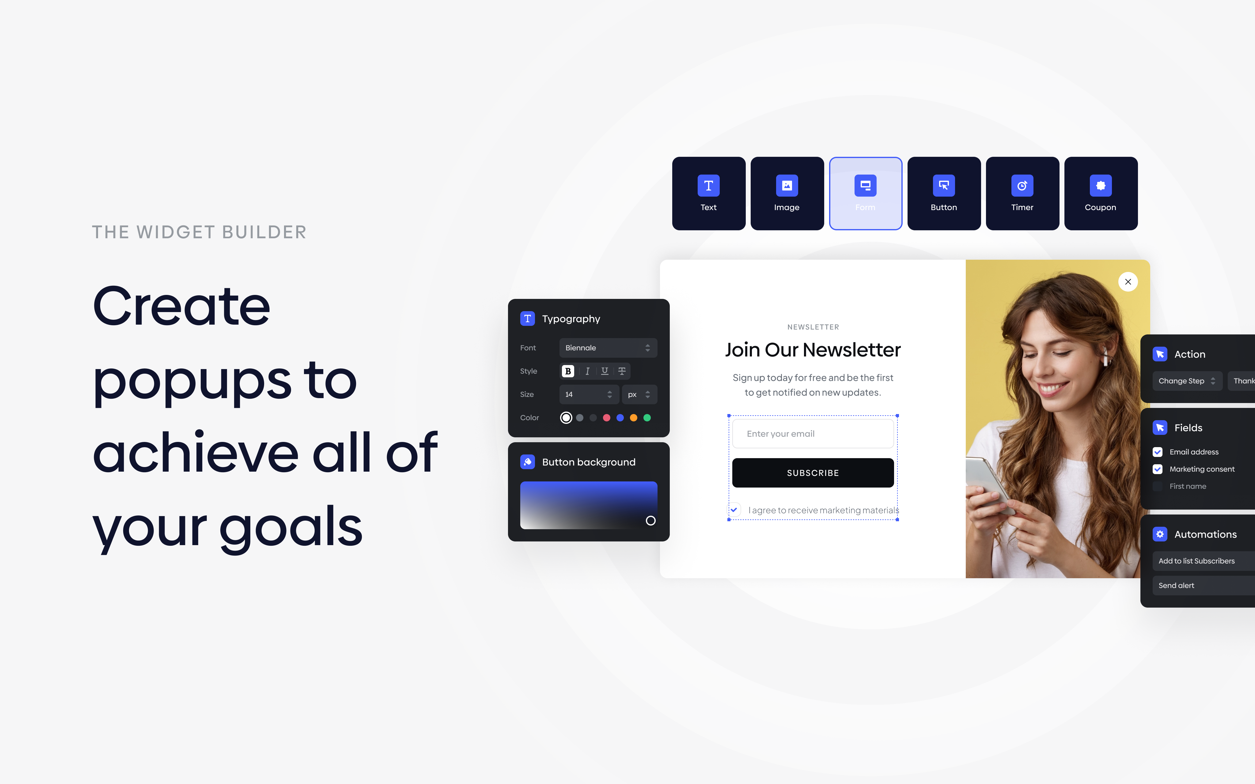 Personizely screenshot: Be free to create popups, bars, callouts, and embeds in minutes without asking a developer again.