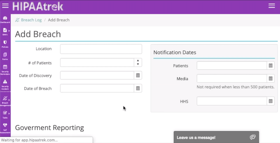 HIPAAtrek screenshot: HIPAAtrek breach activity addition