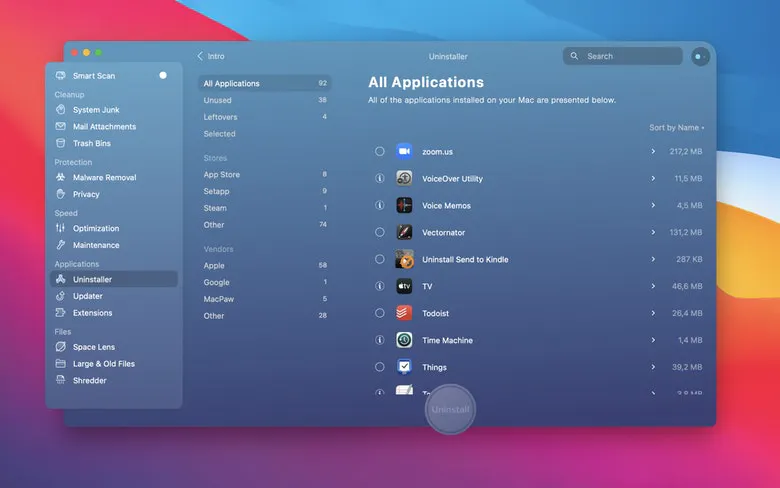 Interface des applications à désinstaller