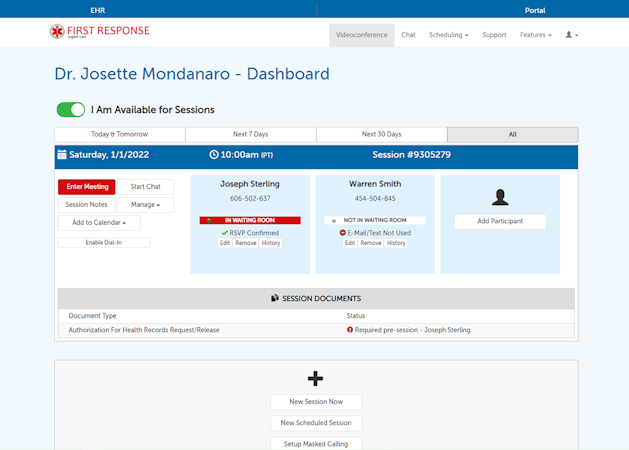 SecureVideo screenshot: The SecureVideo user's dashboard displays any scheduled telehealth sessions, and allows for the easy creation of new ones. All functions and features that support a great telehealth experience begin right here