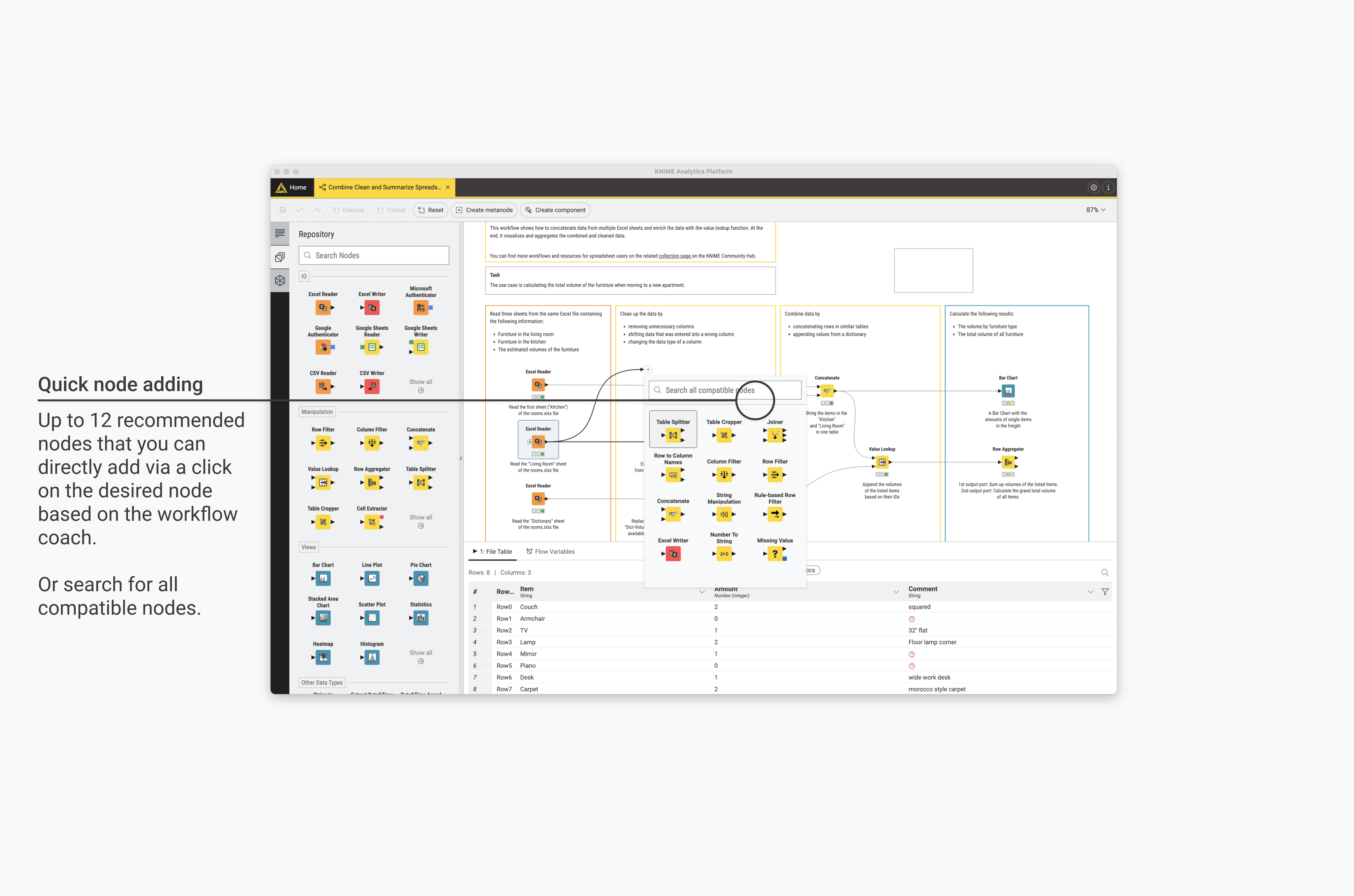 The three ways nodes can be added to your workflow canvas; drag & drop, double click on the node in the node repository, or drop a connection into an empty area to display the quick nodes adding panel.