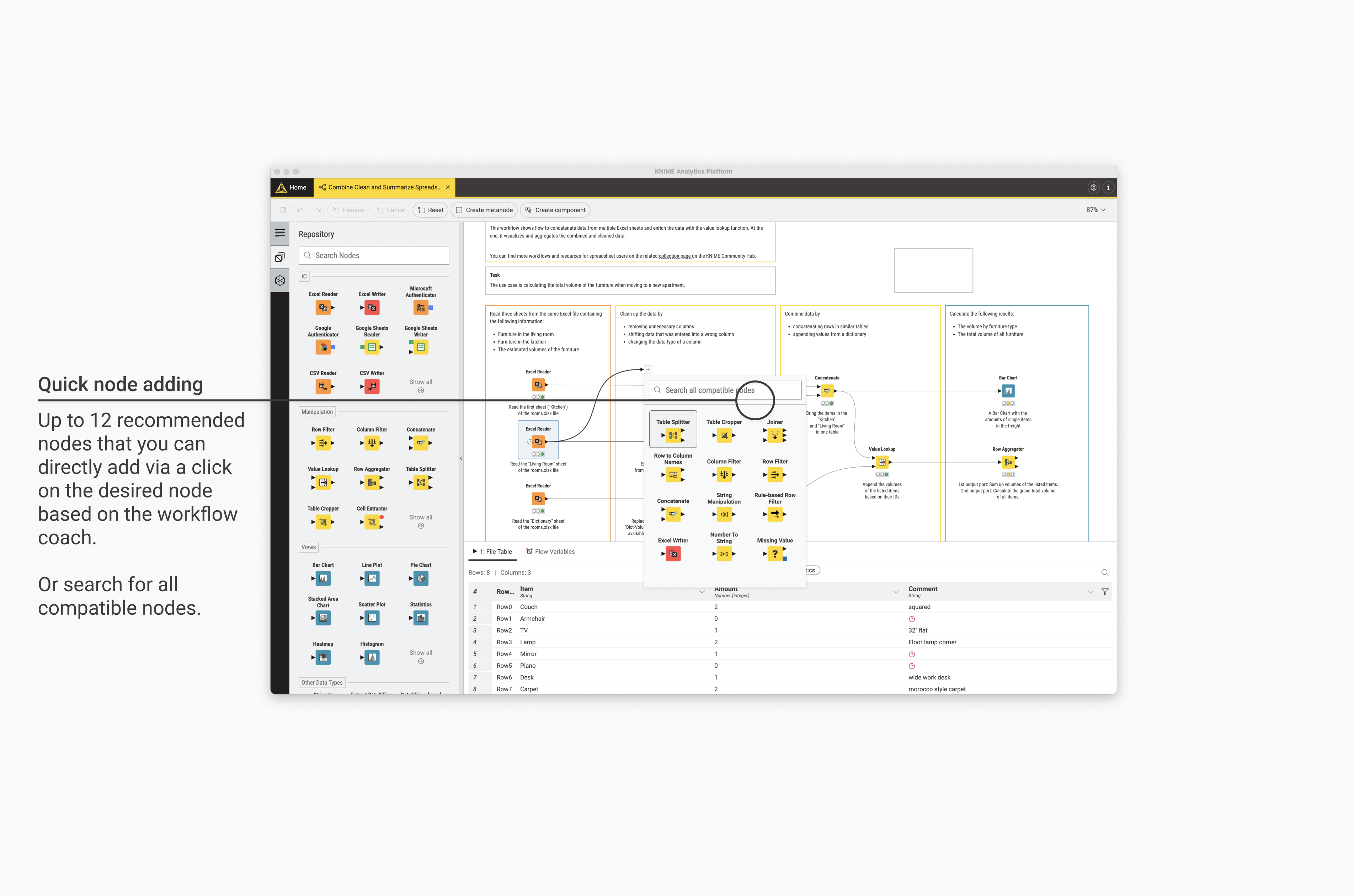 KNIME Analytics Platform Software - The three ways nodes can be added to your workflow canvas; drag & drop, double click on the node in the node repository, or drop a connection into an empty area to display the quick nodes adding panel.