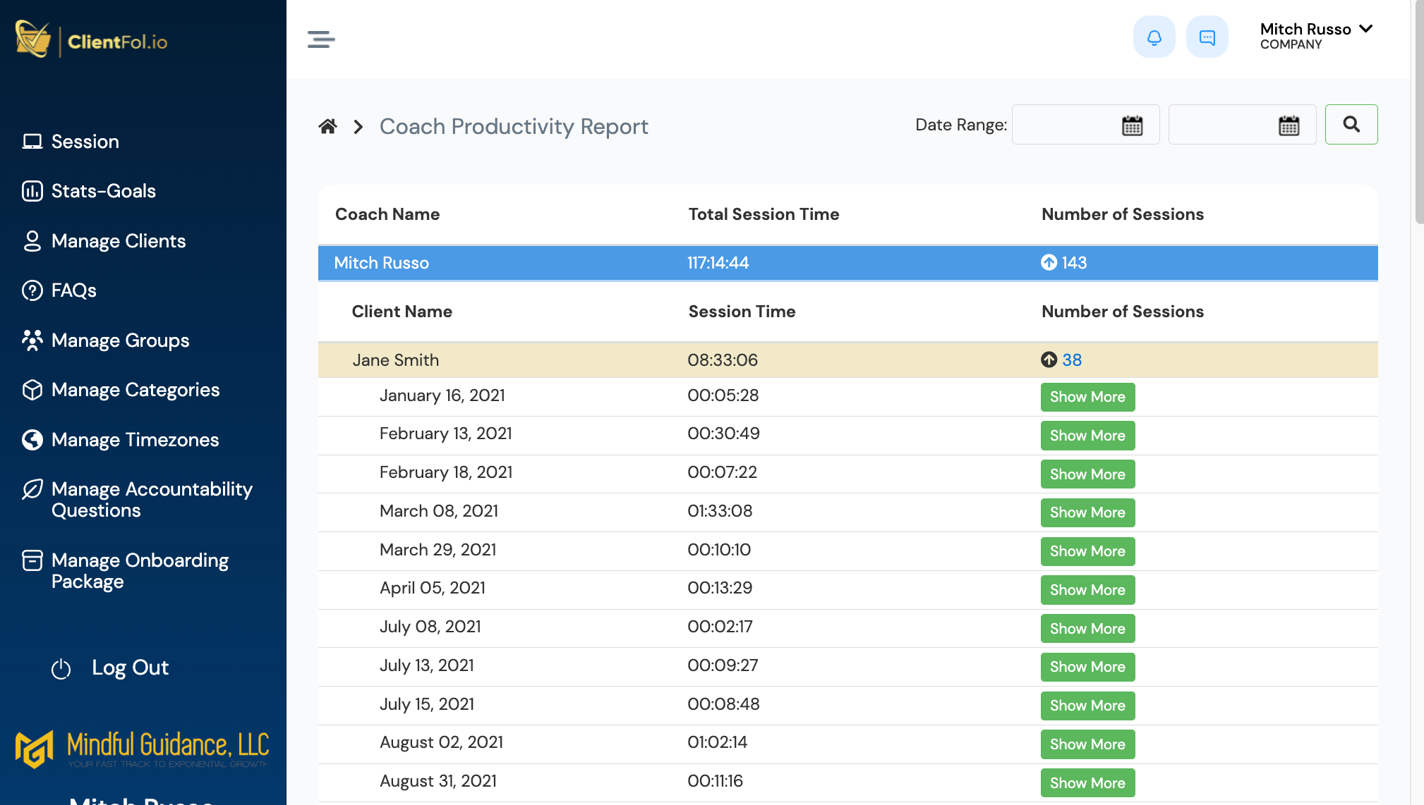 ClientFol.io Software - Running a org with multiple coaches? This report lets you audit the productivity of all coaches, showing date/time of every session and the ability to see all homework sent to each of their clients. All this is included free with your subscription.