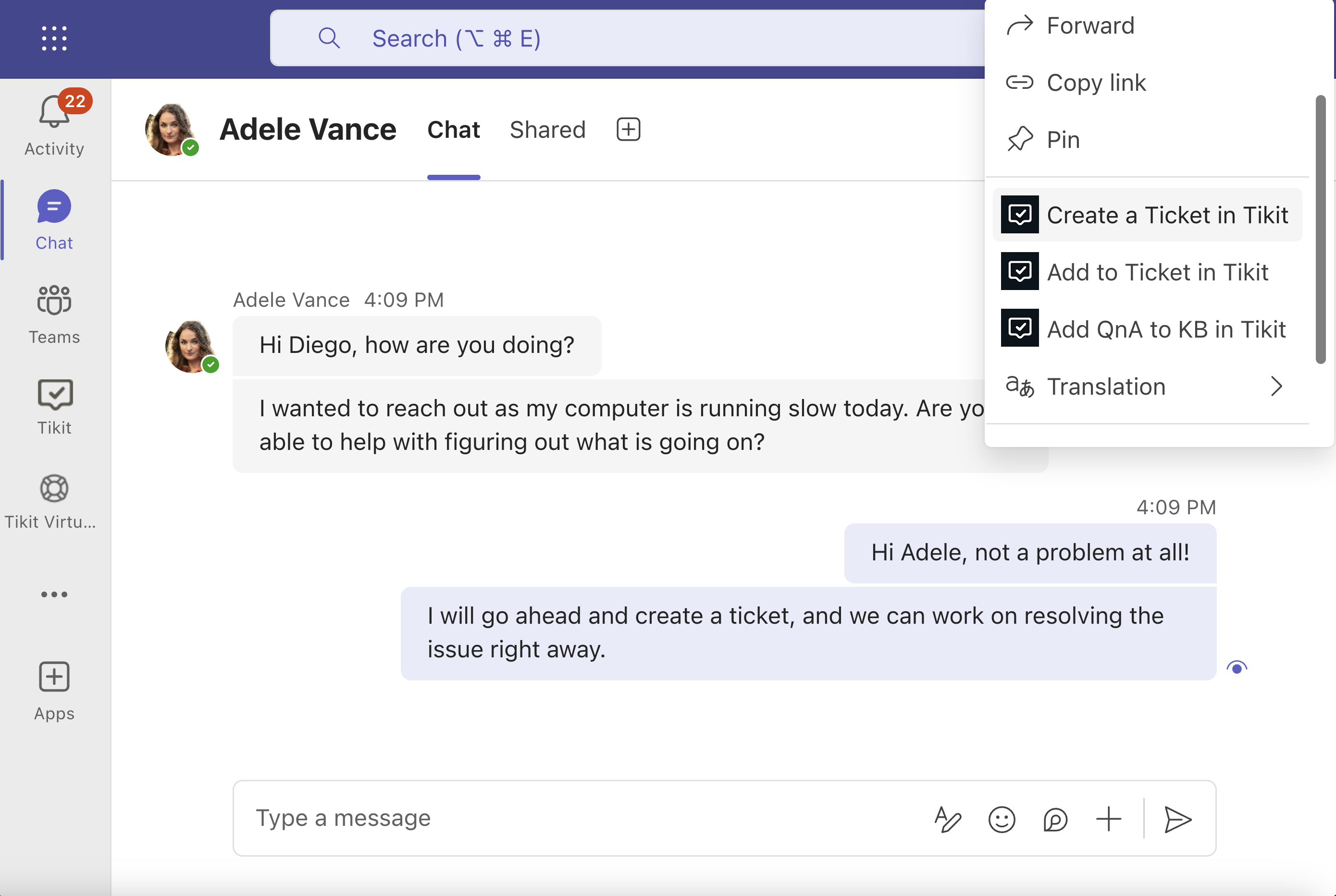 Tikit screenshot: Tikit chatbox
