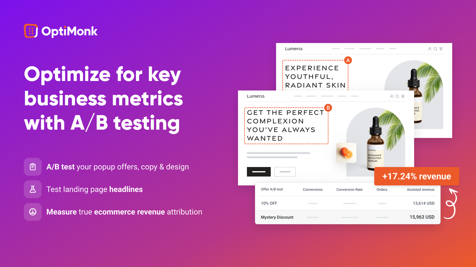 Maximize conversions with quick and simple A/B testing. Launch new experiments in seconds and find the best headlines, offers while you track real revenue attribution.