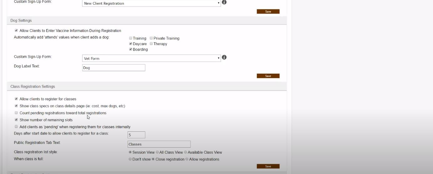 DogBizPro class registration settings