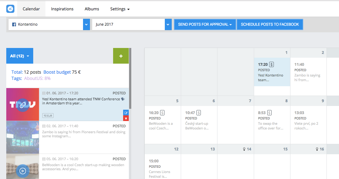 Kontentino Software - All posts are visible in the calendar and chronological list, with details of total planned boost budget & content tags