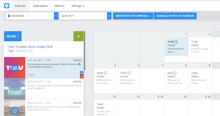 Kontentino screenshot: All posts are visible in the calendar and chronological list, with details of total planned boost budget & content tags