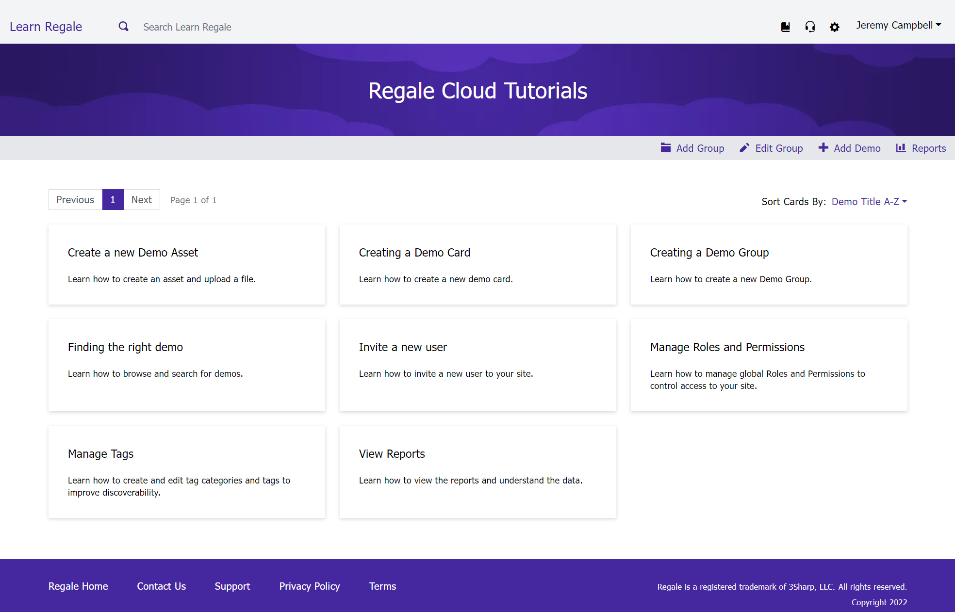 Regale Cloud demo site listing available demos.