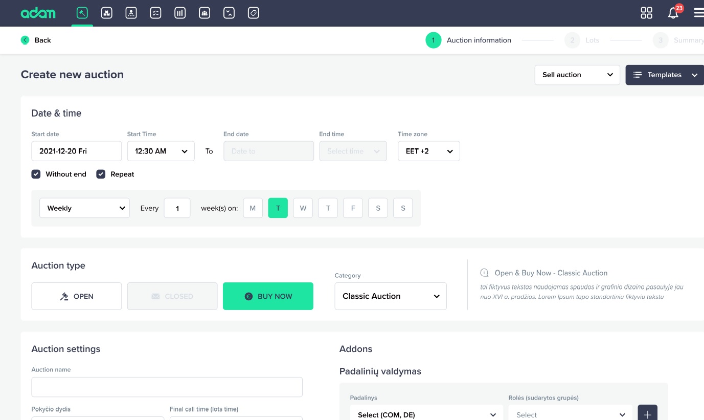 ADAM screenshot: ADAM new auction