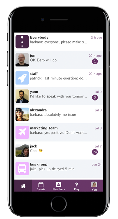 Minsh screenshot: The app's messaging system allows users to send messages to everyone, a group, or an individual