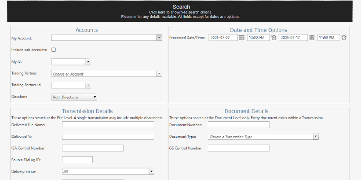 Commport's Integrated EDI screenshot: Commport Integrated EDI Search Interface